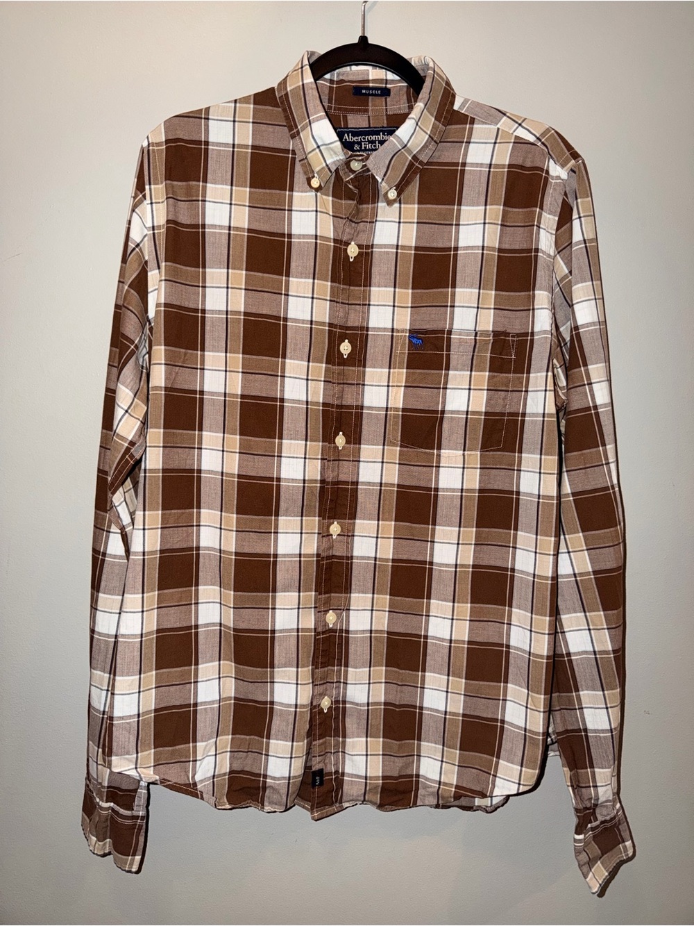Y2K vintage Abercrombie & Fitch Brown and Cream Plaid Button-Down Shirt size L